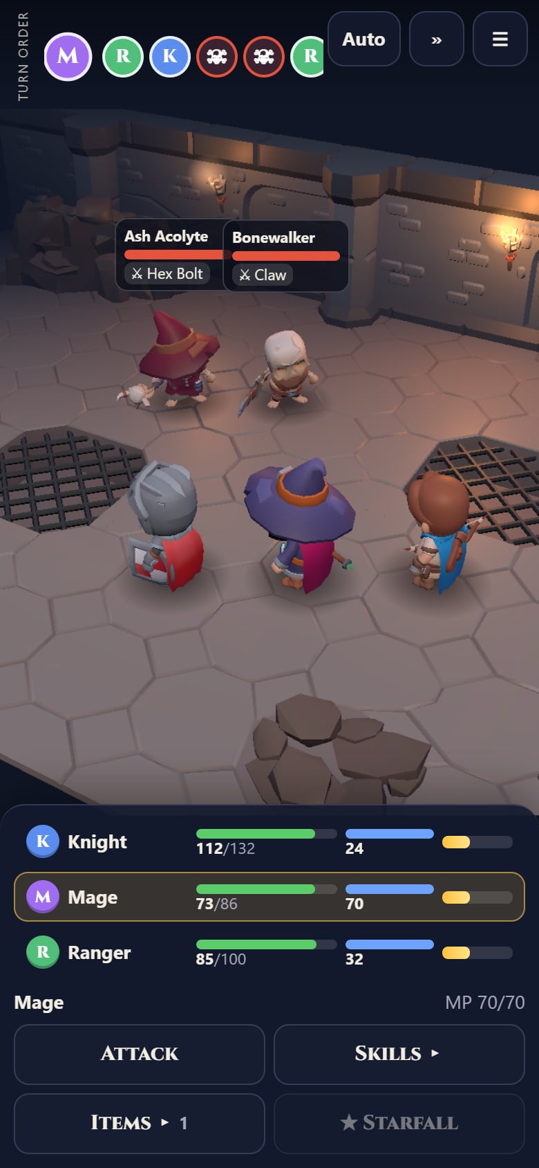 A turn-based battle: a knight, mage and ranger face skeletons in a torch-lit crypt, with the turn order along the top