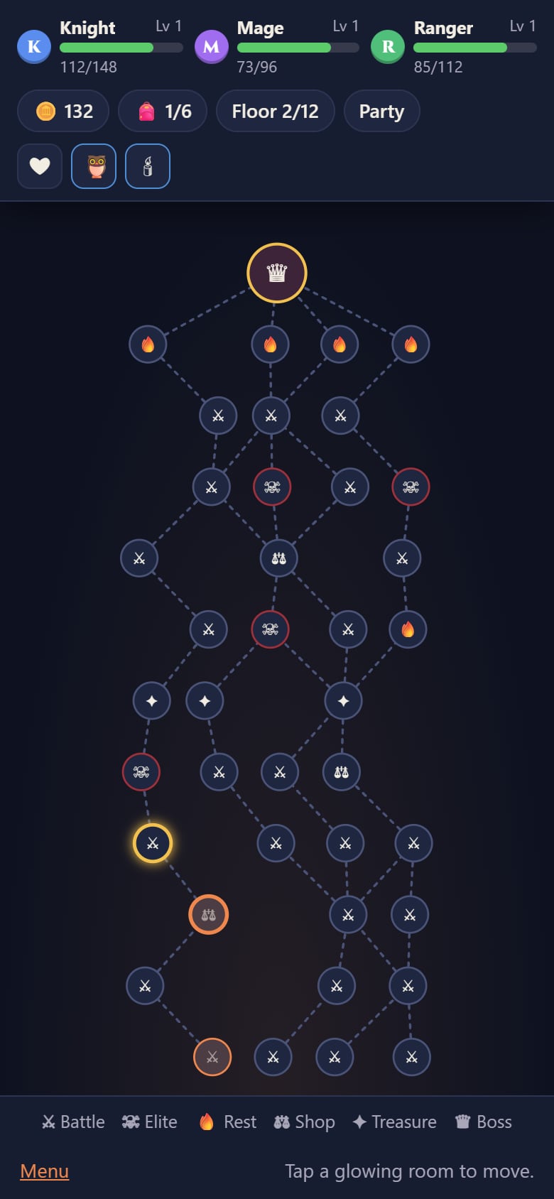 The crypt map: branching paths of battles, elites, rest stops, a shop and treasure leading up to the boss