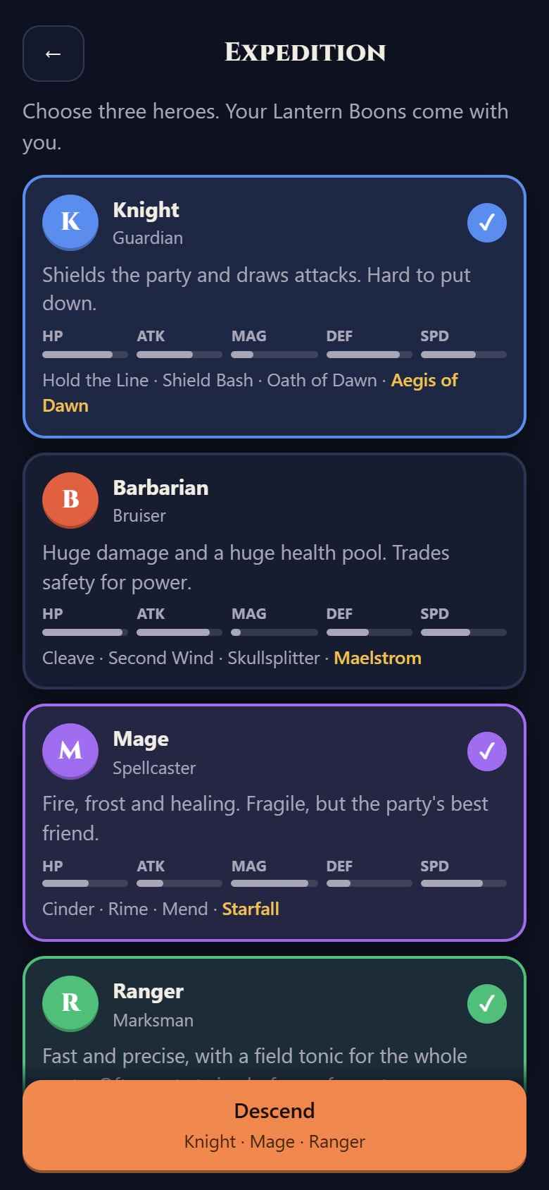Choosing a party from four heroes: Knight, Barbarian, Mage and Ranger